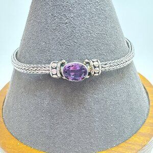 VTG Sterling Silver 925 Amethyst Bezel Set Wheat Chain Bracelet 7.5" Adjustable